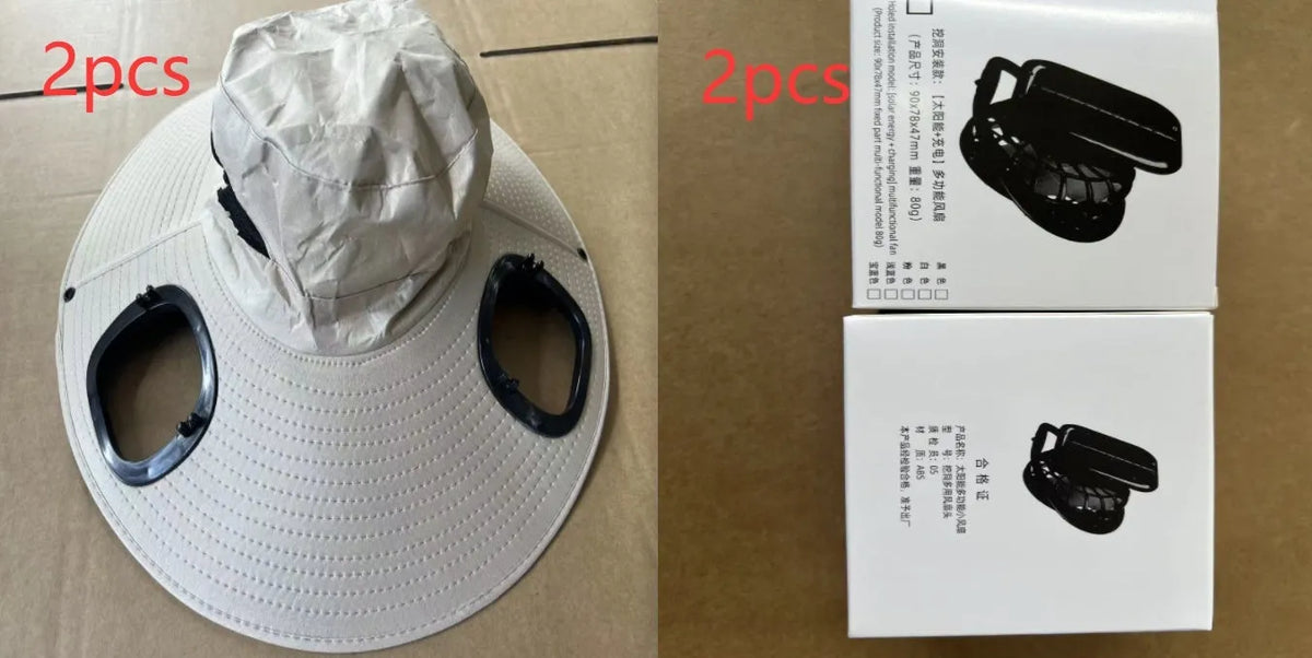Men's grey solar-powered cooling cap with large eave and integrated fan for sun protection