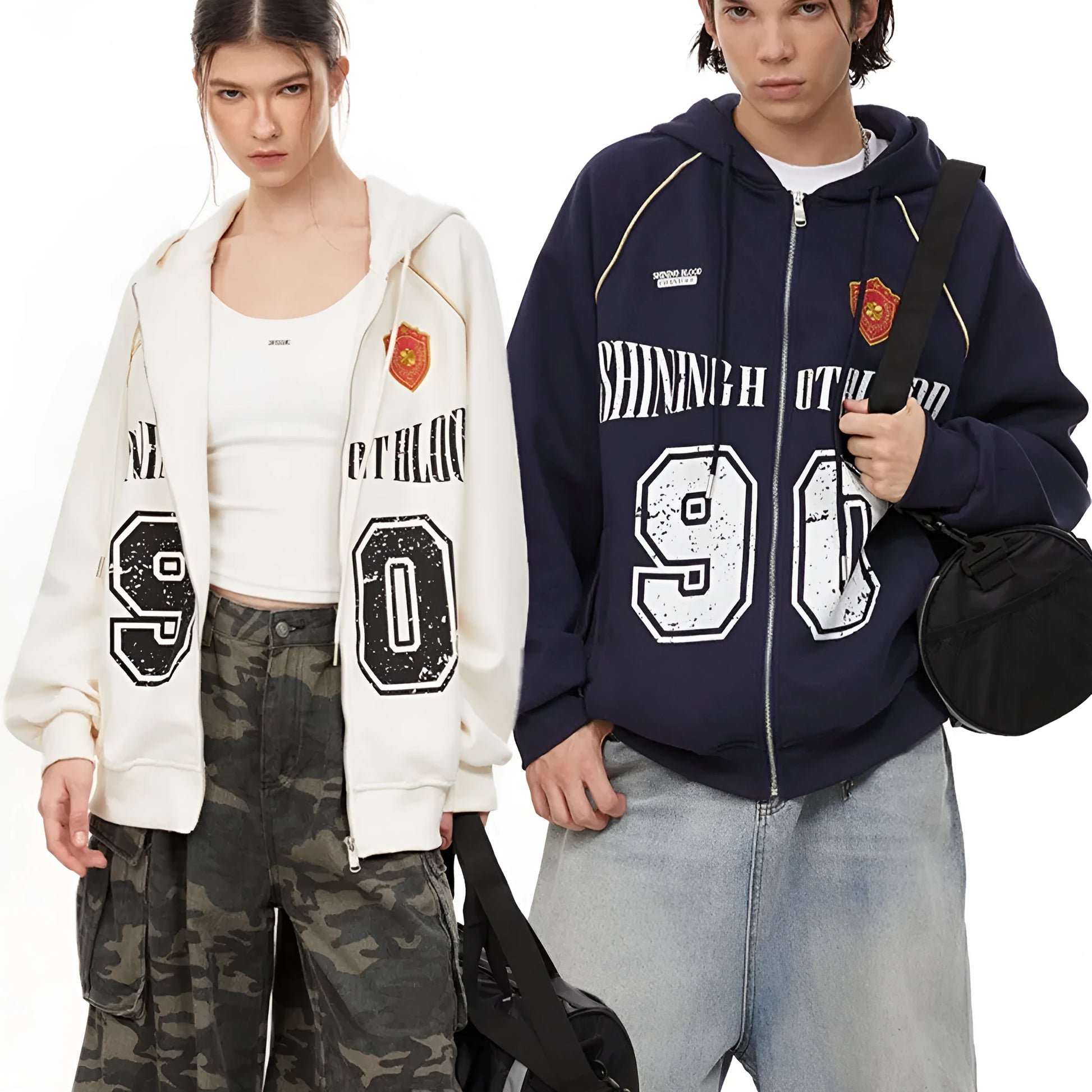 Women's American retro loose hooded jacket with letter embroidery in cotton blend fabric