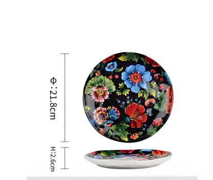 Underglaze ceramic bowl with Bohemian floral pattern in blue mandarin duck design, 8 inch diameter