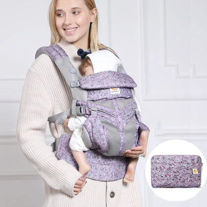 Multifunctional baby carrier in blue daisy pattern with adjustable waistband and small bag