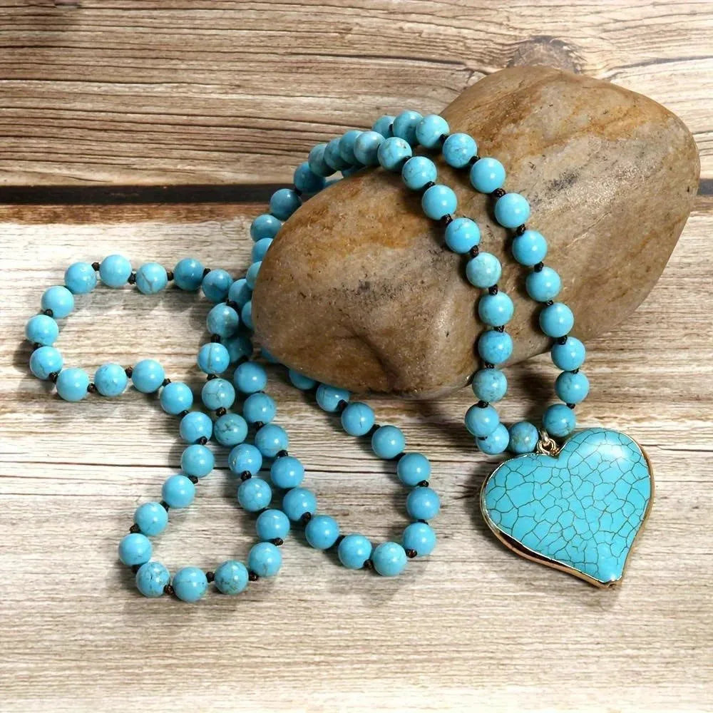 Handmade vintage ethnic style necklace with heart-shaped Mother Pearl pendant and turquoise beads