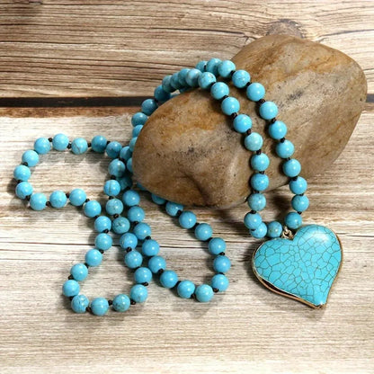 Handmade vintage ethnic style necklace with heart-shaped Mother Pearl pendant and turquoise beads
