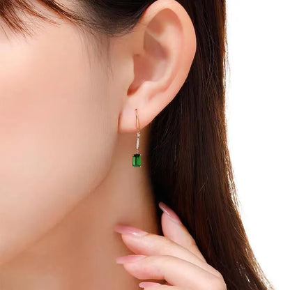 Pair of green tourmaline earrings for women with square geometric shape and copper setting