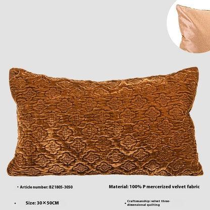 Brown gold antique style quilted cushion pillow showing three-dimensional quilting pattern and feather velvet filler
