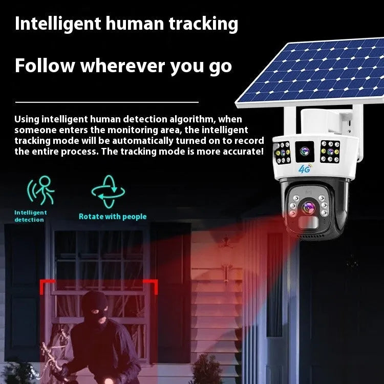 Solar binocular three-screen surveillance camera providing 4 million pixel outdoor security monitoring with 4G and WiFi network options for remote viewing across multiple display screens.