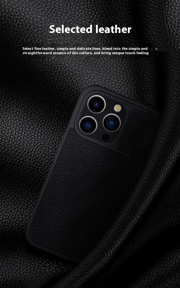 Flip-style imitation leather phone case for iPhone 14 Pro Max in black, brown, and red colour options