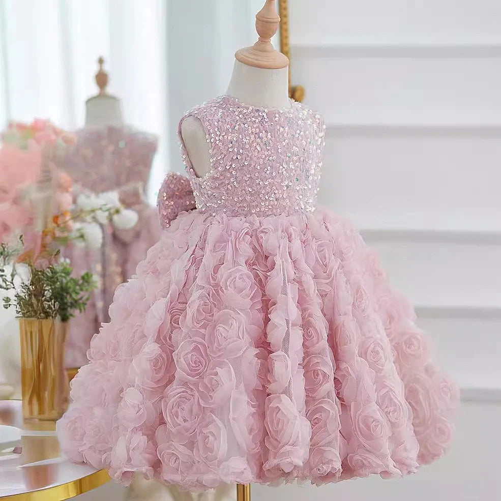 Pink girls pettiskirt with sequins and three-dimensional flowers, sleeveless design for heights 80-160cm