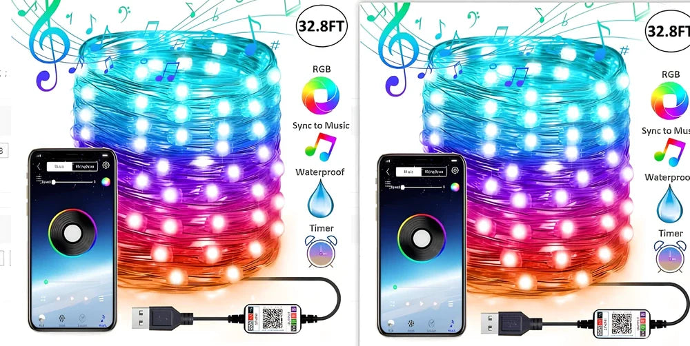 Programmable LED Christmas tree lights with app control showing custom colour animations on festive tree