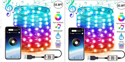 Programmable LED Christmas tree lights with app control showing custom colour animations on festive tree