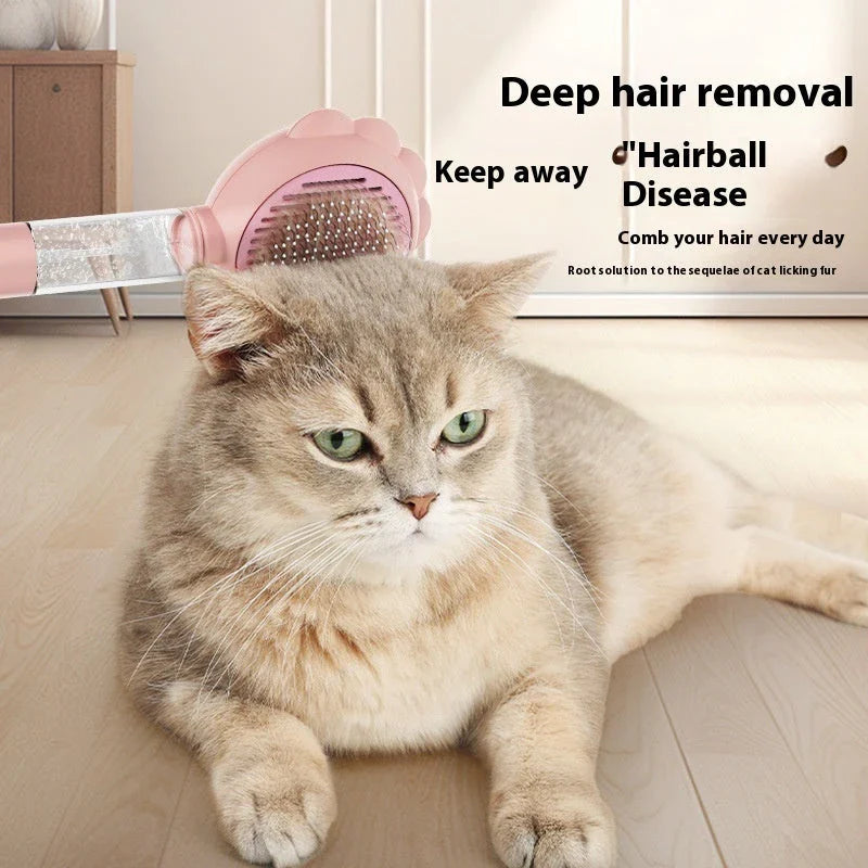 A versatile pet grooming brush with a built-in spray function for efficient hair removal and a calming grooming experience