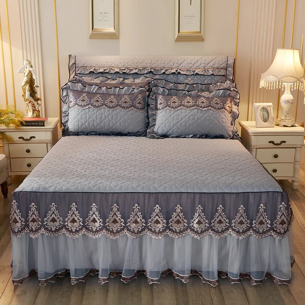 Quilted lace bed skirt with embroidery quilting on bed, showing 1.8m circumference coverage