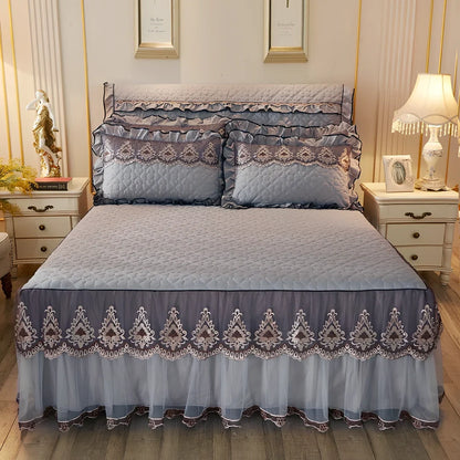 Quilted lace bed skirt with embroidery quilting on bed, showing 1.8m circumference coverage