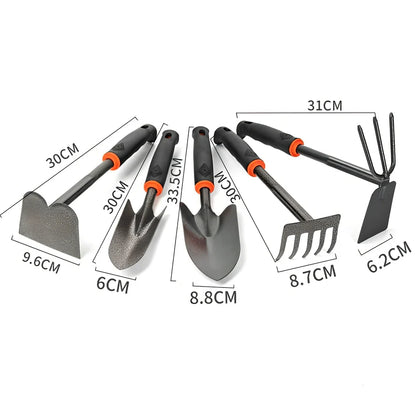 Five-piece small shovel set with black carbon steel heads and plastic handles for flower planting