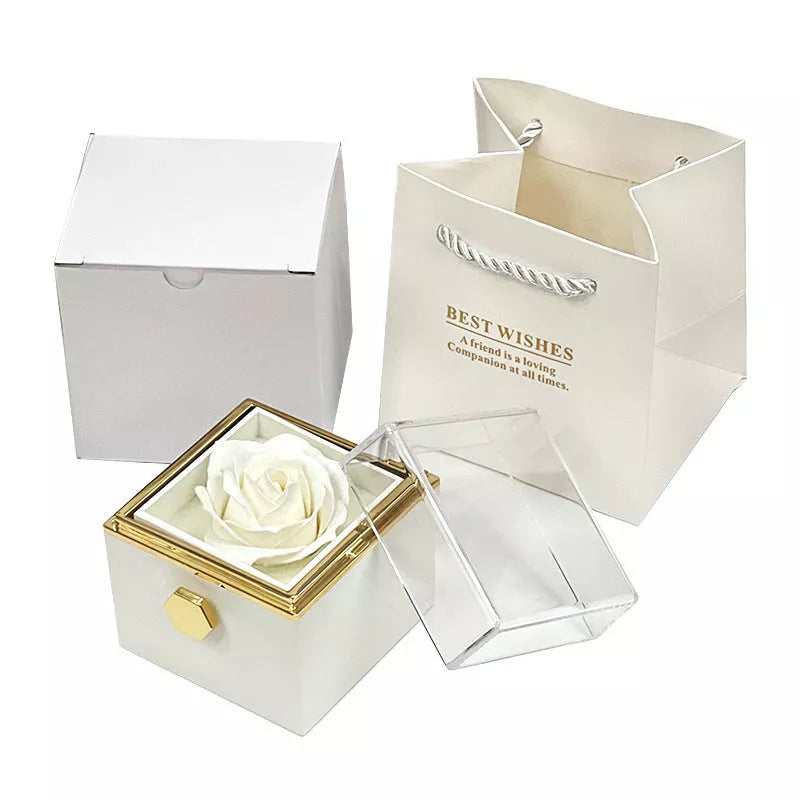 Rotating soap flower rose gift box with jewelry drawer in red, blue, lake blue, or pink