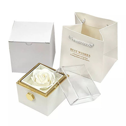 Rotating soap flower rose gift box with jewelry drawer in red, blue, lake blue, or pink