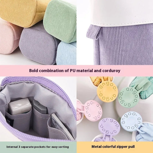 Corduroy drop-down telescopic stationery case in purple, showing expandable design and Korean-style simplicity