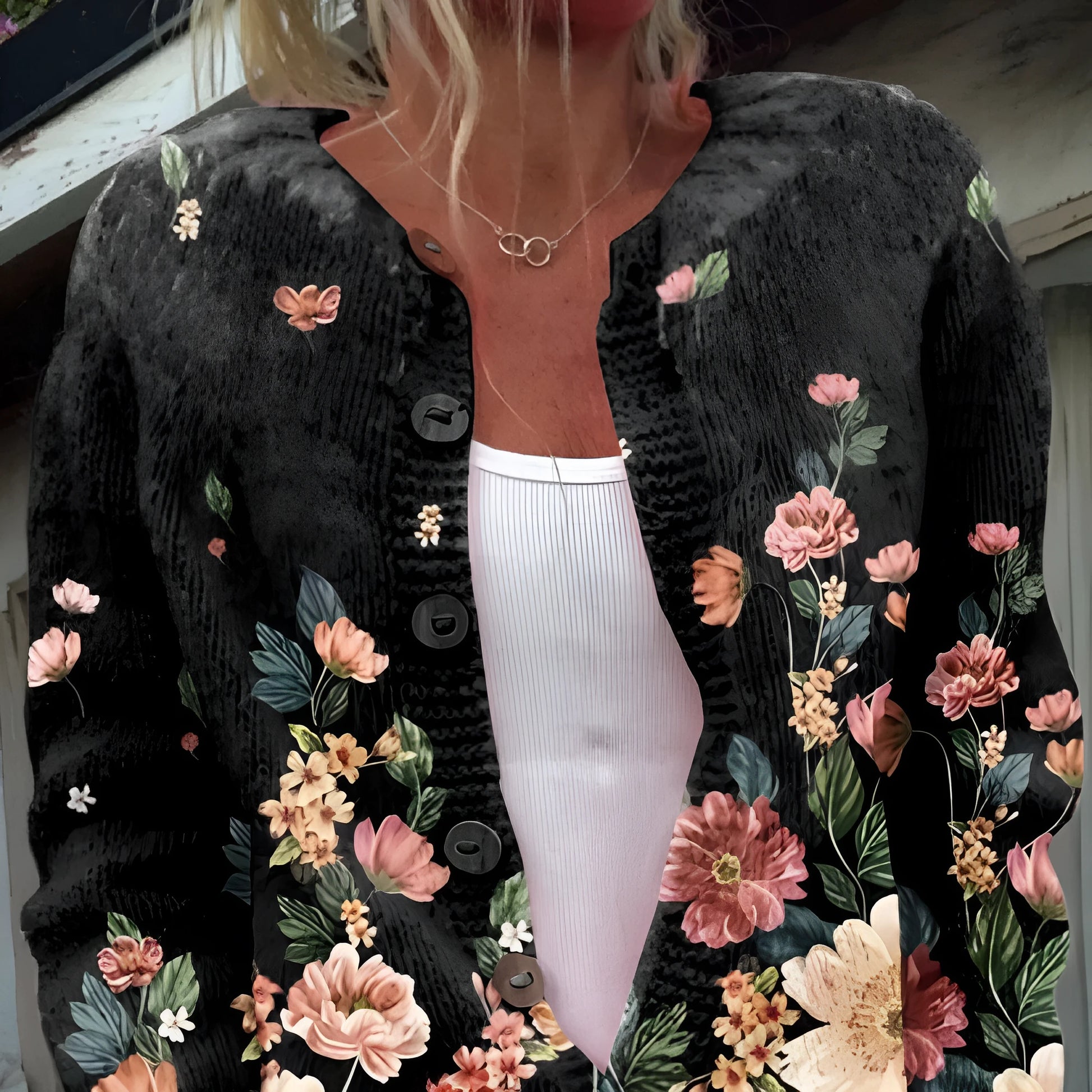Women's long sleeve cardigan coat with a colourful digital print pattern, open front design