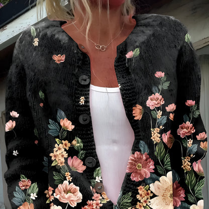 Women's long sleeve cardigan coat with a colourful digital print pattern, open front design
