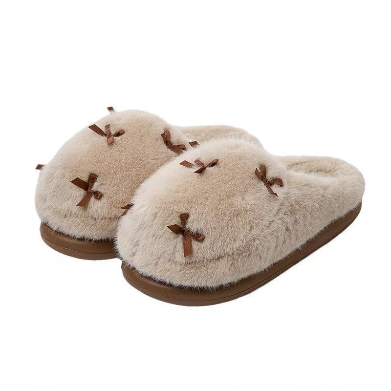Women's plush butterfly knot slippers with memory foam insole in milk tea, cloud white, and sweetheart pink