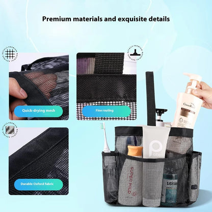 Black mesh toiletry bag with eight pockets for organized travel essentials