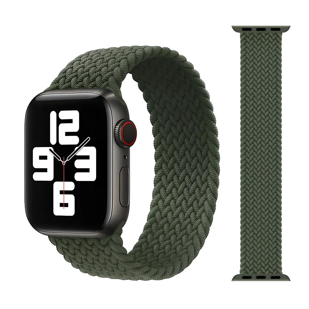 Apple Watch with elastic braided nylon strap in single-loop design showing stretch capability