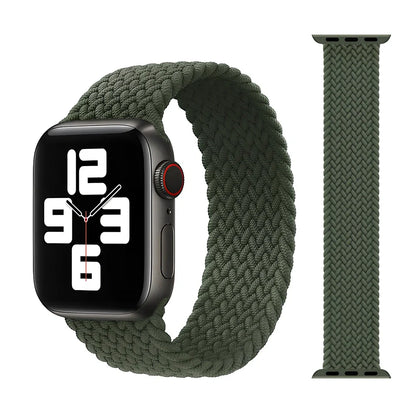 Apple Watch with elastic braided nylon strap in single-loop design showing stretch capability
