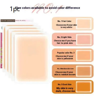 Tattoo cover patch and a 130mm long concealer brush on a table, with colour option swatches visible.