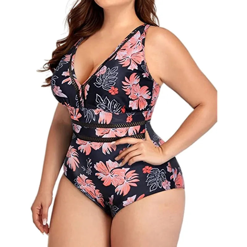 Women's plus-size bikini swimsuit in polyester mesh fabric with stitching and print design, available in sizes S to 5XL for swimming and wading, featuring a sleeveless cut and black colour with printed pattern.