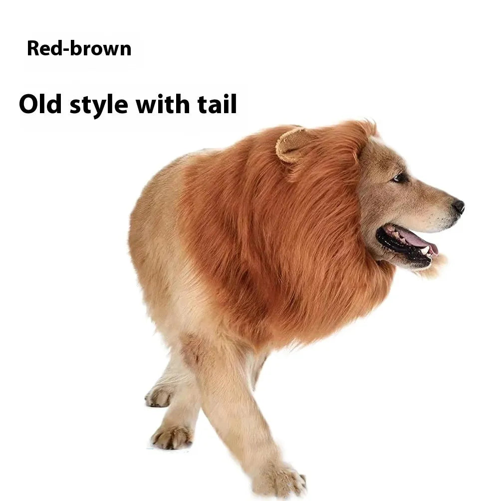 Dog wearing adjustable lion headdress costume with elastic neckband in light brown colour