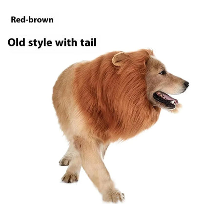 Dog wearing adjustable lion headdress costume with elastic neckband in light brown colour