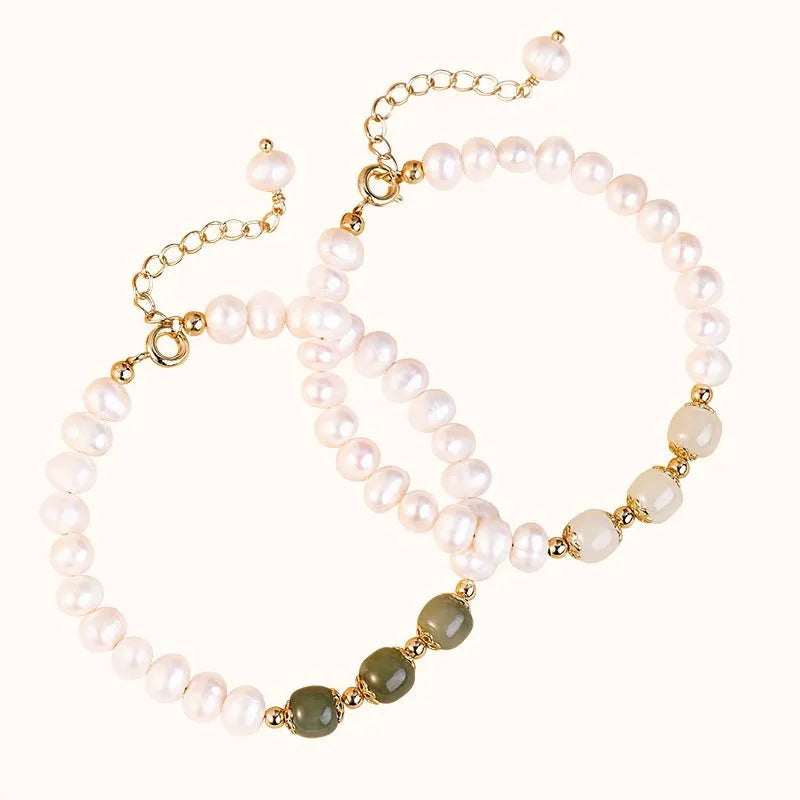 Natural freshwater pearl bracelet with diamond-shaped beads in a Korean style, shown in deep Hetian jade colour.