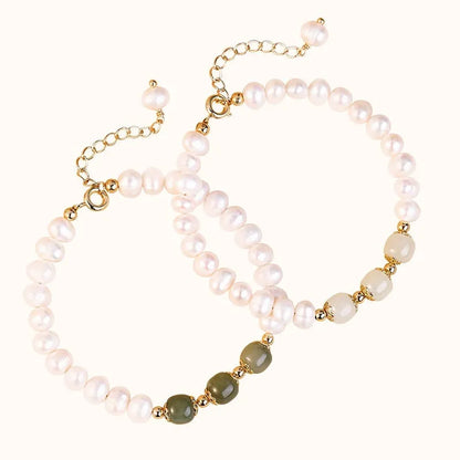 Natural freshwater pearl bracelet with diamond-shaped beads in a Korean style, shown in deep Hetian jade colour.