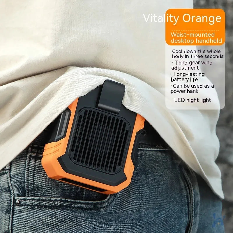 Green wrist hanging fan with light and USB power bank on a person's arm, showing three speed buttons.