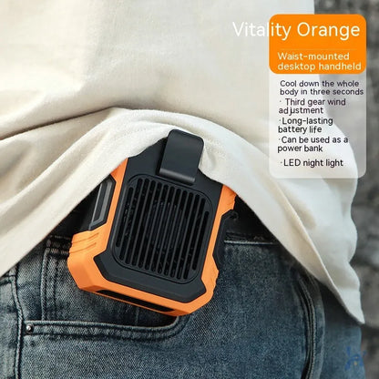 Green wrist hanging fan with light and USB power bank on a person's arm, showing three speed buttons.