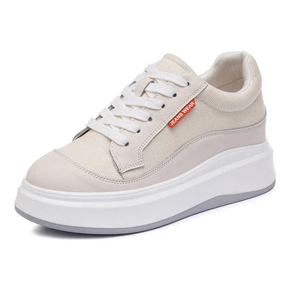 Women's beige and pink thick-soled leather board shoes with cowhide upper on a size scale