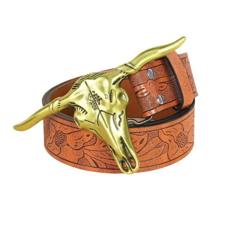 Men's brown imitation leather belt with an embossed alloy cow head pin buckle fastened on trousers.