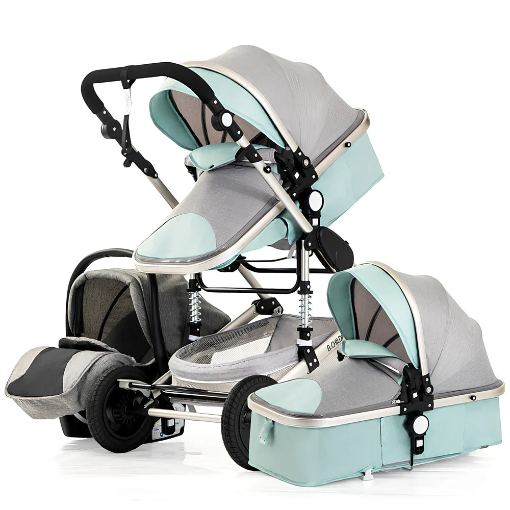 Aluminium frame baby stroller with large canopy and four EVA wheels in dusty pink colour