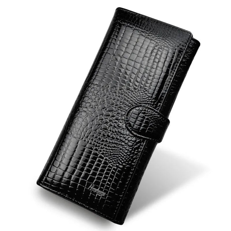 Wine red crocodile pattern genuine leather women's coin purse with pigskin lining.
