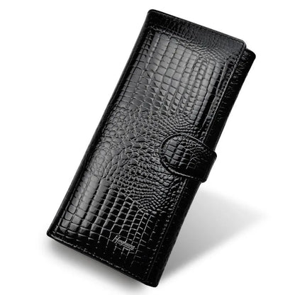 Wine red crocodile pattern genuine leather women's coin purse with pigskin lining.
