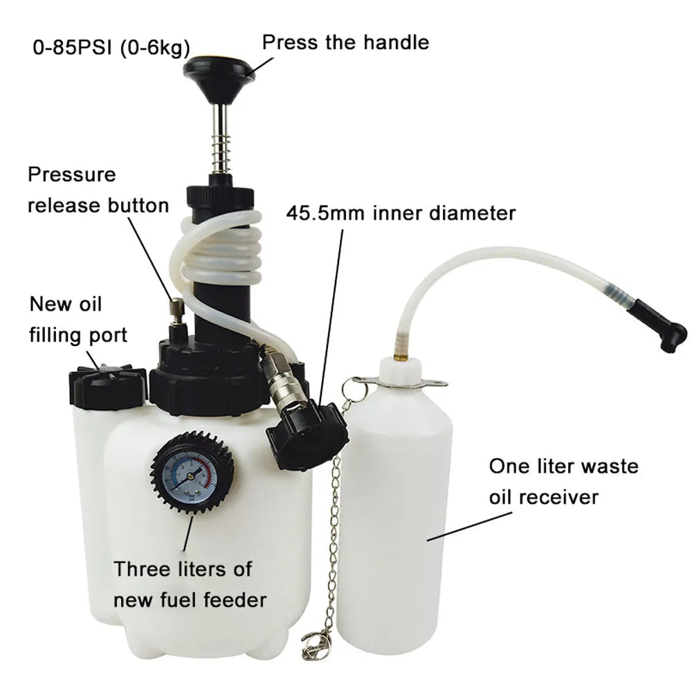 White 3-litre brake oil tank with copper and iron construction for automotive fluid changes