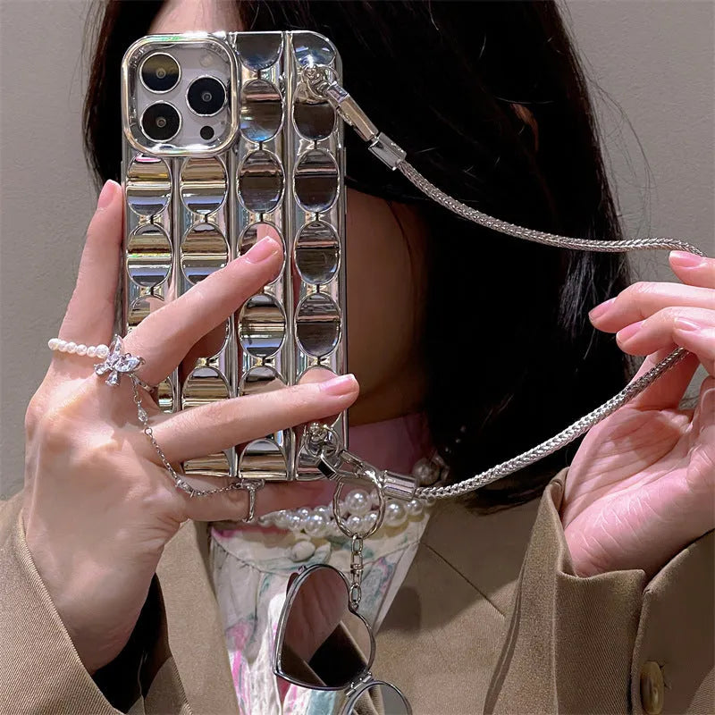 Electroplated silver heart mirror phone case in silicone for iPhone 11 to 15 Pro Max, fall protection cover.