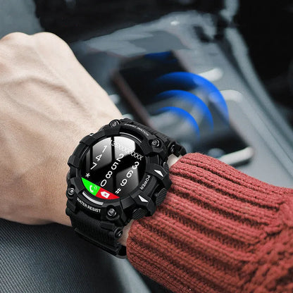 56mm round smart watch with touch screen displaying health metrics, featuring TPU strap and mineral strengthened glass, 50m waterproof