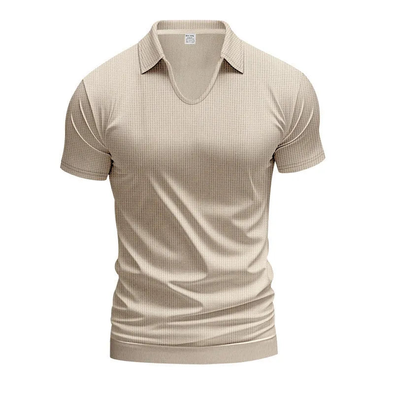 Men's loose fit light grey V-neck short sleeve T-shirt laid flat