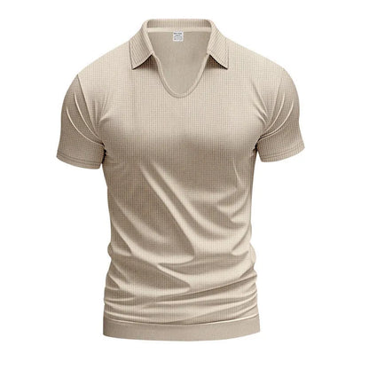 Men's loose fit light grey V-neck short sleeve T-shirt laid flat