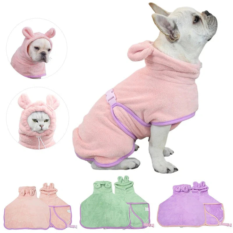 Adjustable quick-dry dog bathrobe in coral fleece, available in pink, violet, light green, and pumpkin style