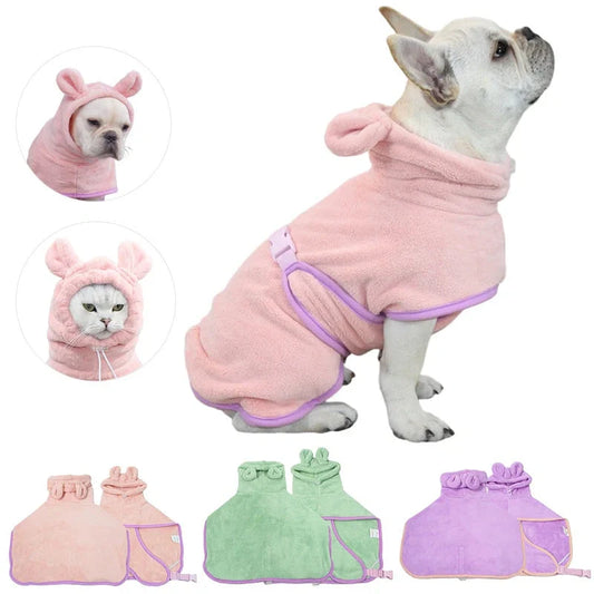 Adjustable quick-dry dog bathrobe in coral fleece, available in pink, violet, light green, and pumpkin style