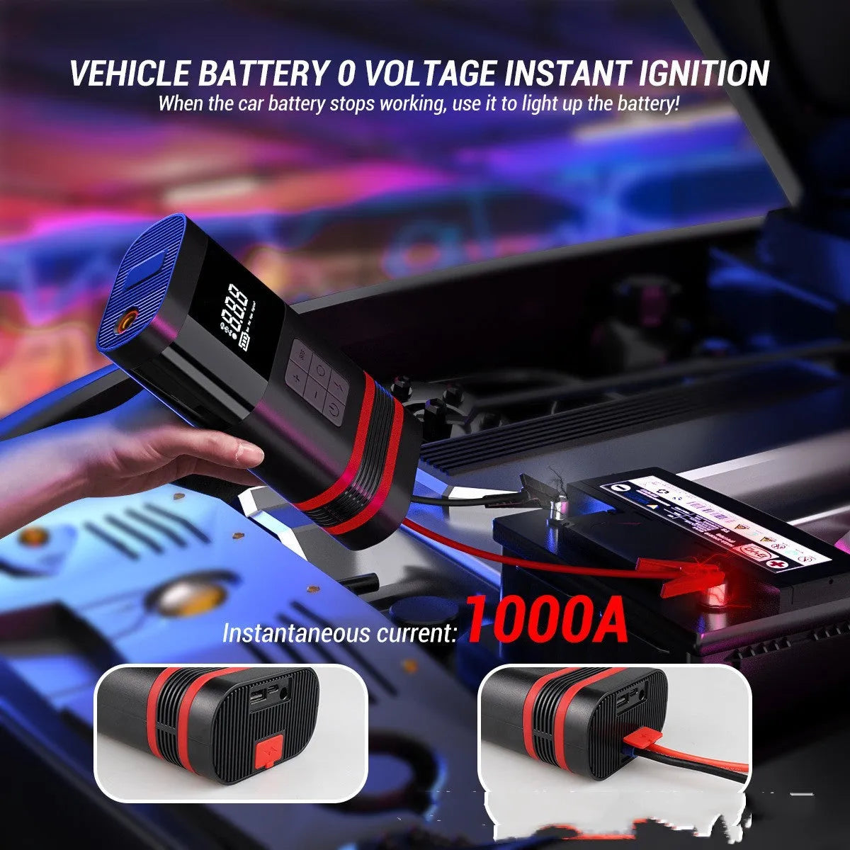 Black wireless car jump starter power bank with emergency lighting and USB charging ports