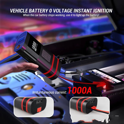 Black wireless car jump starter power bank with emergency lighting and USB charging ports