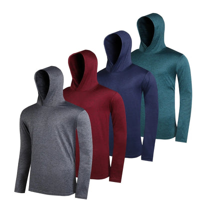 Set of four grey men's lightweight polyester hoodies folded, showing hooded and non-hooded styles.