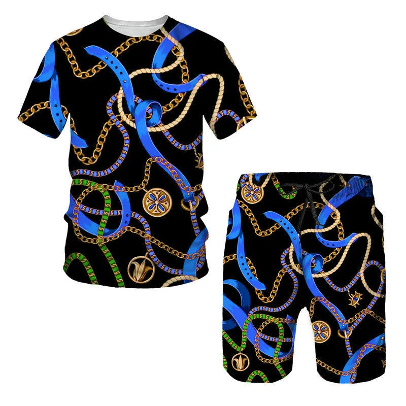 Chain pattern digital printed short sleeve T-shirt and shorts matching suit set for summer.